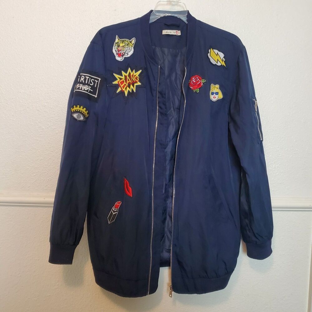 Laura Jo Bomber Jacket With Patches Full Zip Long Sleeves Navy Blue Lined Flaws‎